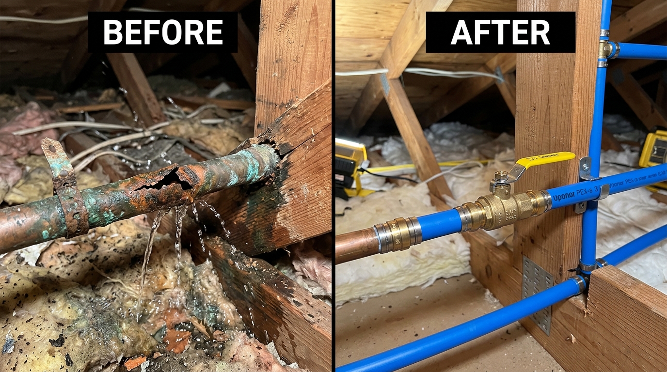 Before and After Burst Pipe Repair in Dallas Attic