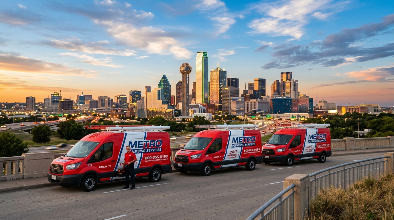 Dallas Emergency Plumbing Service Van Fleet with Dallas Skyline